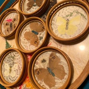 Vintage Butterfly Bamboo Tray with 6 Coasters